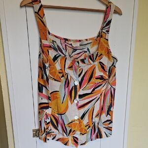 C&C California 100% Linen Tropical Top Button Front Tank Top Blouse Sz L